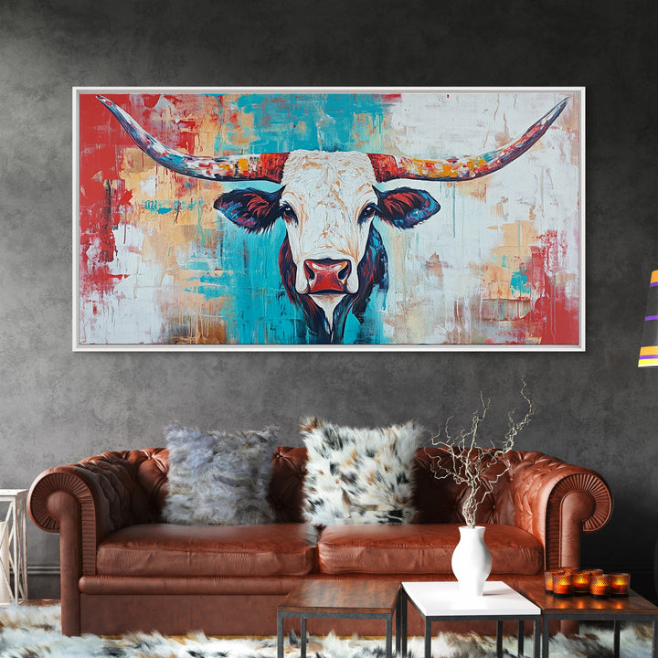 Colorful Longhorn Art, rustic wall art, farmhouse art, southwest wall art, bold animal painting, extra wide art, canvas print, wabi sabi art