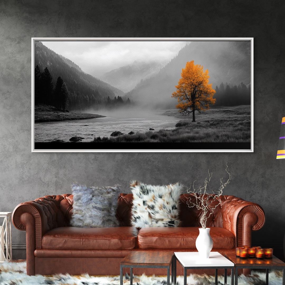 Autumn Tree in Fog, smoky mountain art, pine tree art, wabi sabi art, forest at dusk painting, fall wall art, rustic decor, Framed Canvas Print