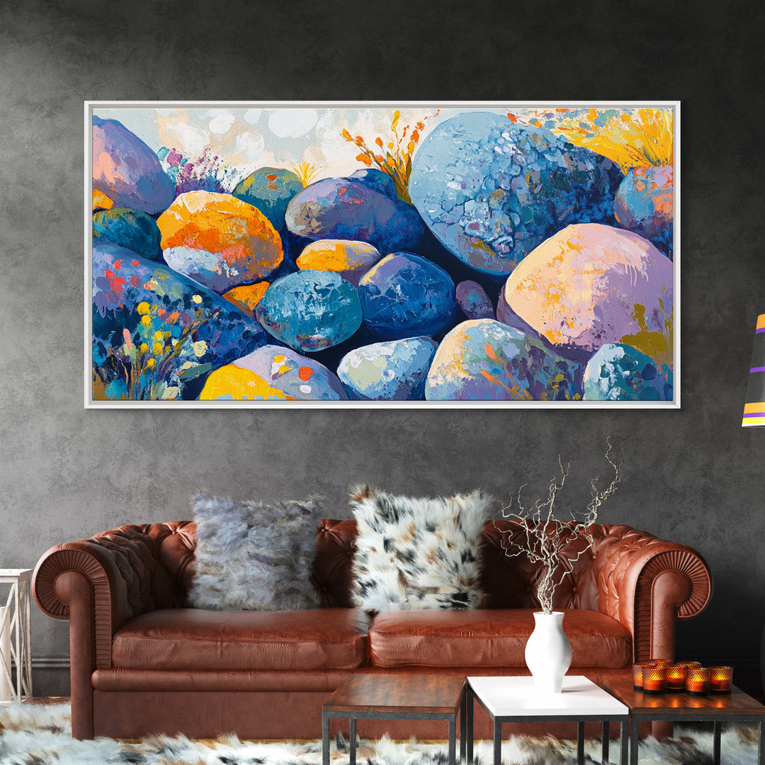 River Rocks, Whimsical Art, Mosaic Wall Art, Boho Art, Teal Wall Art, Nature Inspired Art, Abstract Landscape, Canvas Print, Gift Idea Her