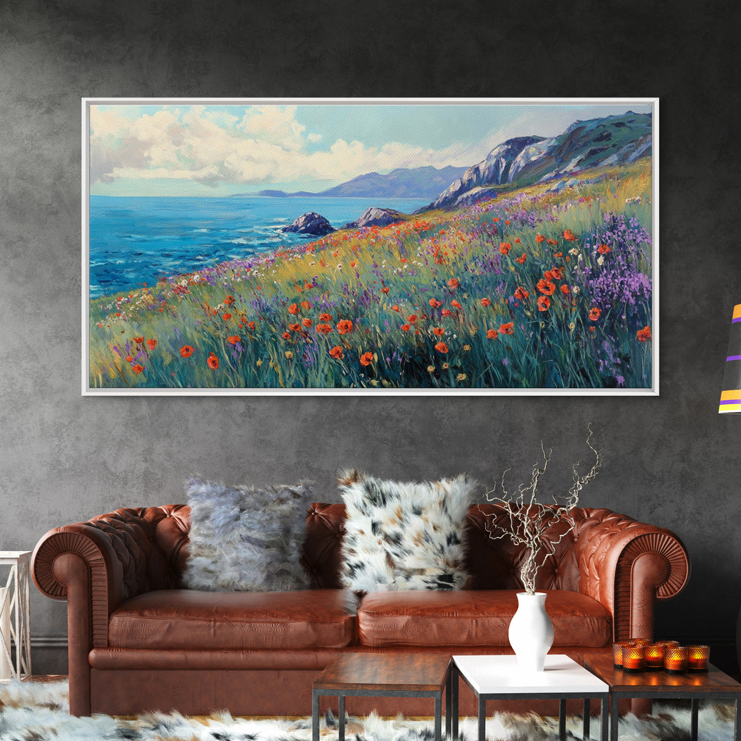 Coastal Wildflower Art, Framed Canvas Print, Poppy Wall Art, Coastal Landscape Art, Seascape Painting, Extra Wide Art, Above Couch Art
