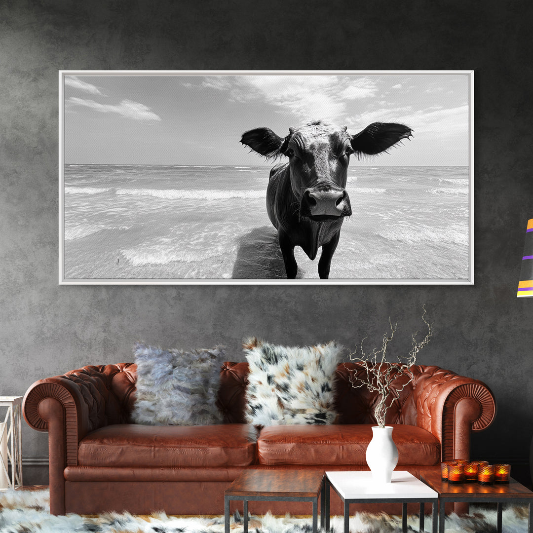 Curious Beach Cow, coastal wall art, cow painting, whimsical art, black and white photography, farmhouse decor, seascape painting, Canvas Print