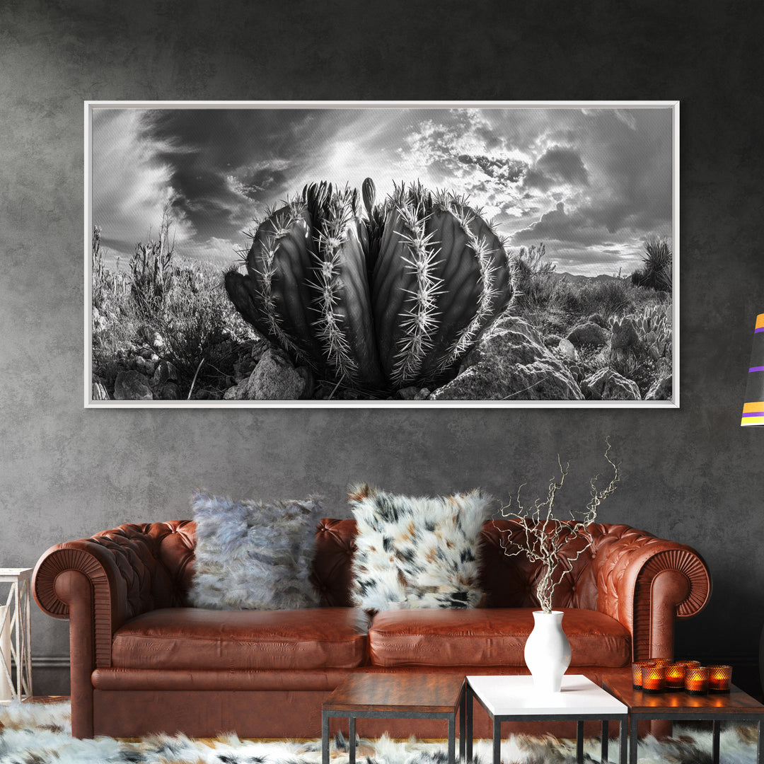 Desert Cactus, southwest wall art, Joshua tree art, rustic art, landscape painting, desert decor, panoramic art, Canvas Print