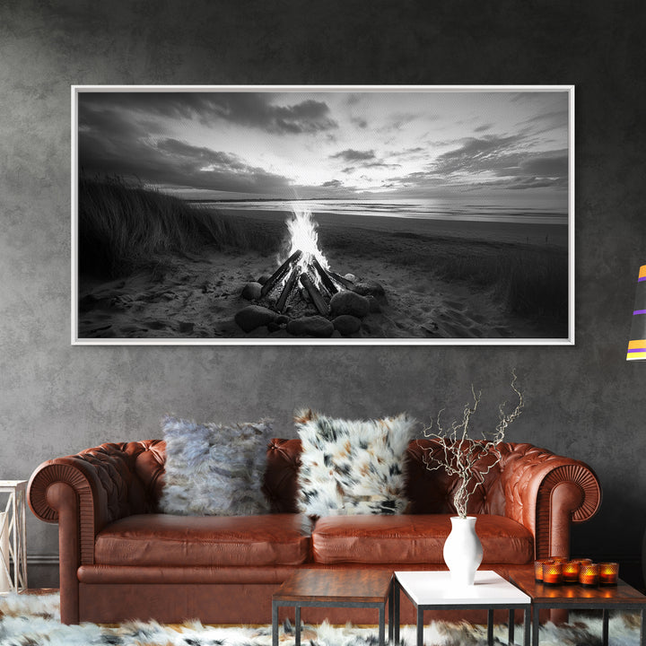 Bonfire on Beach, coastal decor, nautical painting, rustic art, beach sunset print, seascape painting, landscape painting, Framed Canvas Print