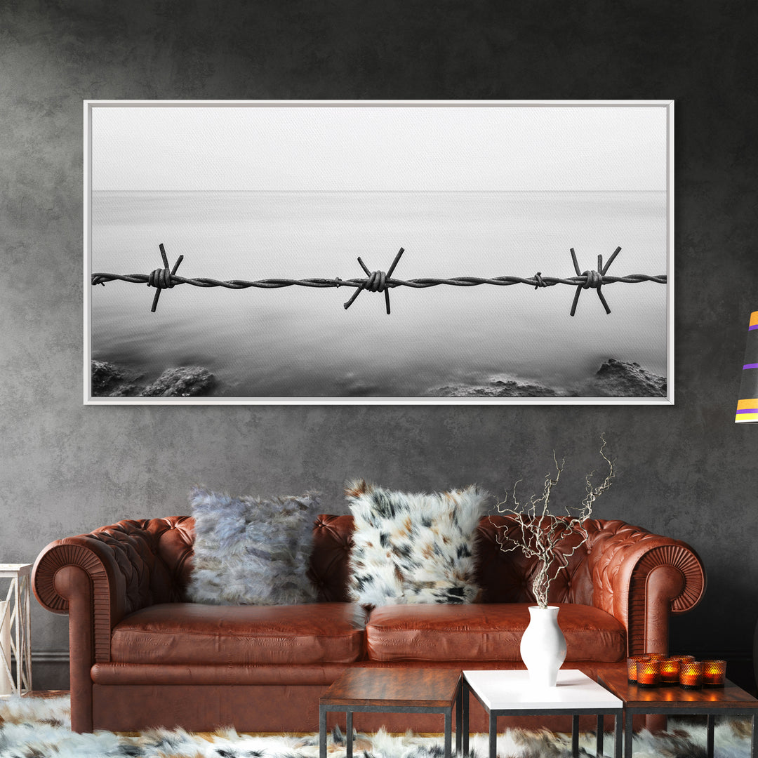 Barbed Wire, rustic decor, farmhouse art, minimalist black and white, modern wabi sabi wall art, textured art, panoramic art, Canvas Print