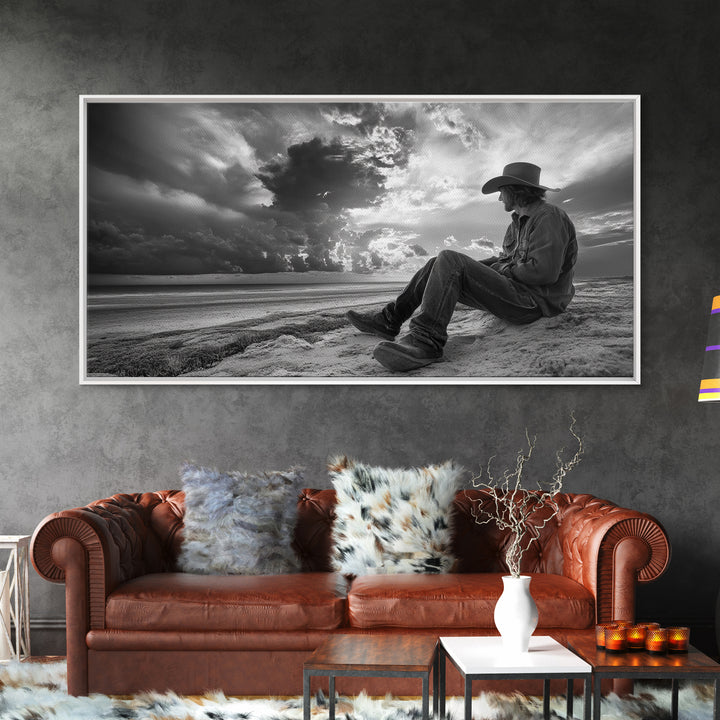 Cowboy on Beach, Moody Art, Western Wall Art, Dramatic Sky Print, Rustic Decor, Coastal Cowgirl Aesthetic, Framed Canvas Print, Scenic View
