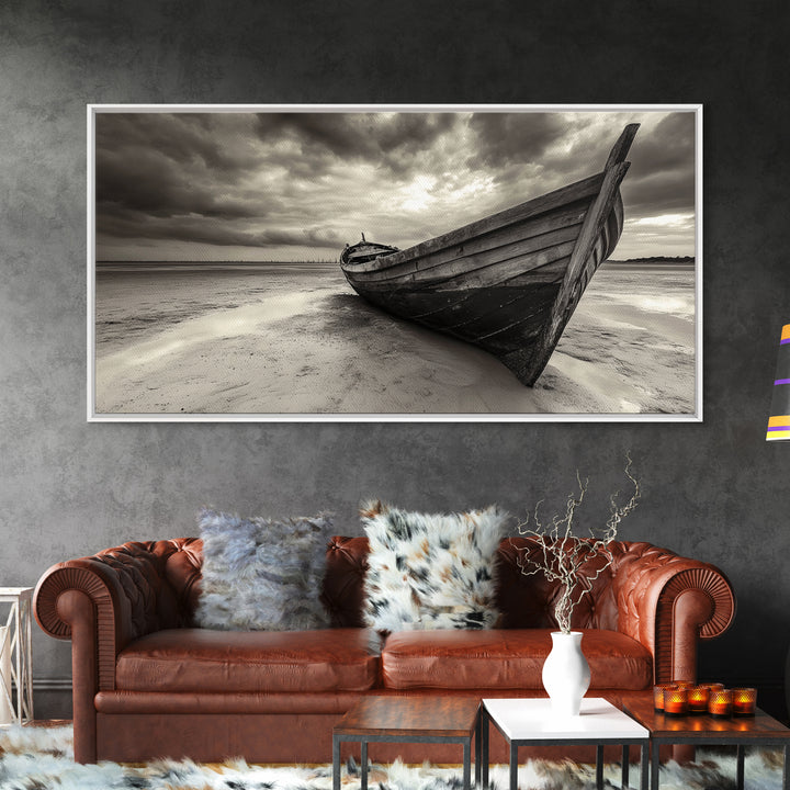 Abandoned Boat, Nautical Wall Art, Coastal Decor, Seascape Painting, Rustic Wall Art, Dramatic Sky, Framed Canvas Print, Panoramic Art