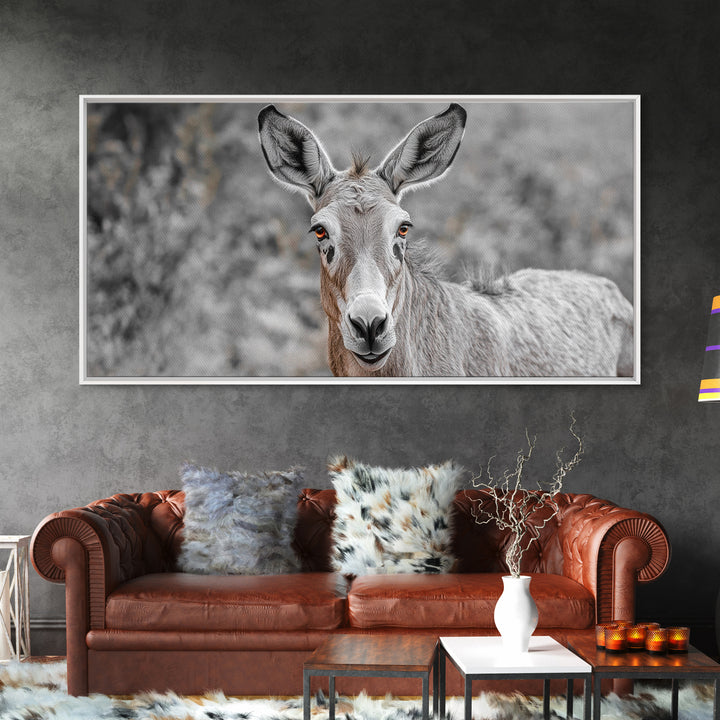 Donkey Close-Up Framed Canvas Print | Rustic Farmhouse Art | Moody Animal Portrait | Southwest Wall Art | Extra Wide Art | Above Couch Decor
