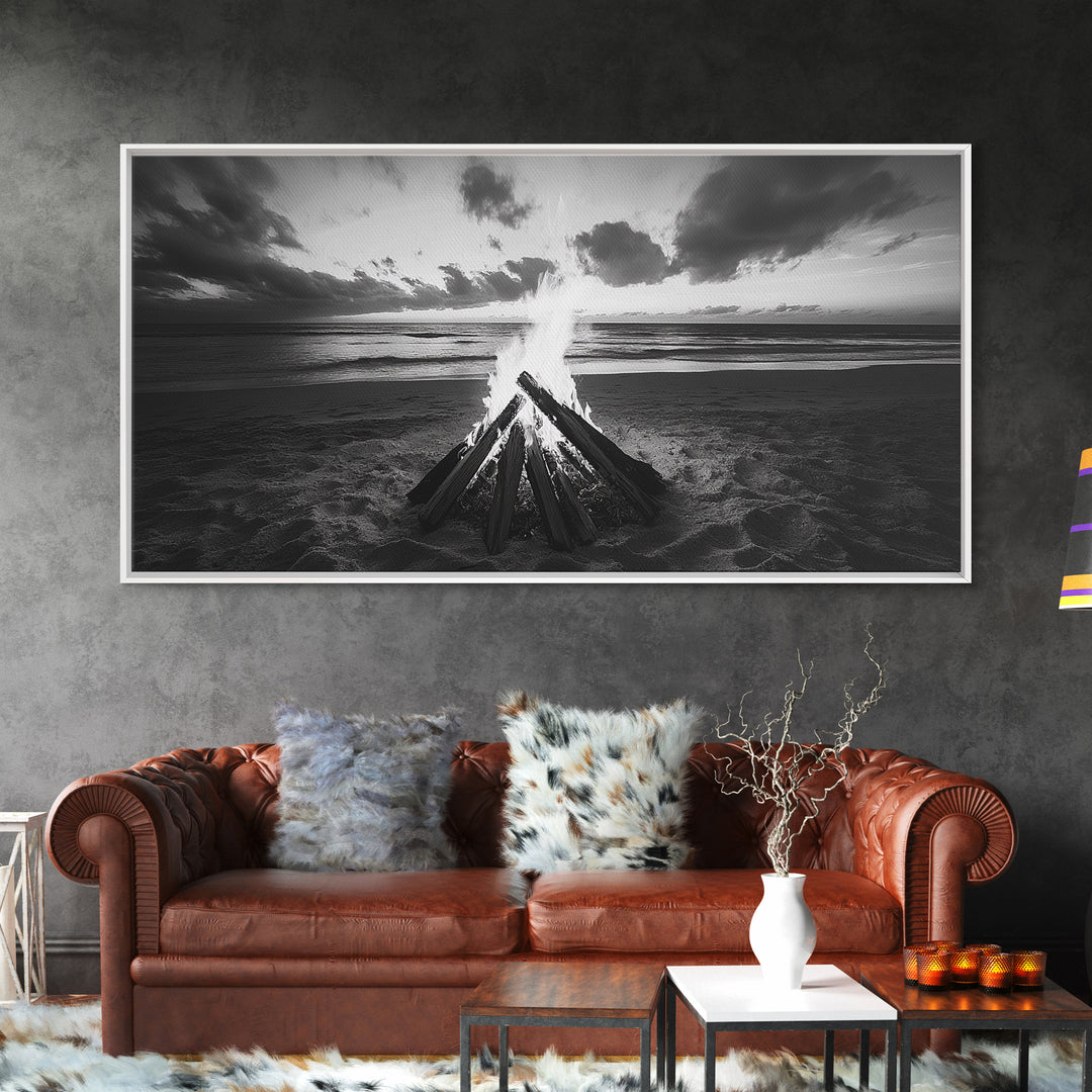 Bonfire On Beach, Coastal Wall Art, Moody Art, Extra Wide Art, Sunset Wall Art, Panoramic Art, Rustic Wall Art, Framed Canvas Print