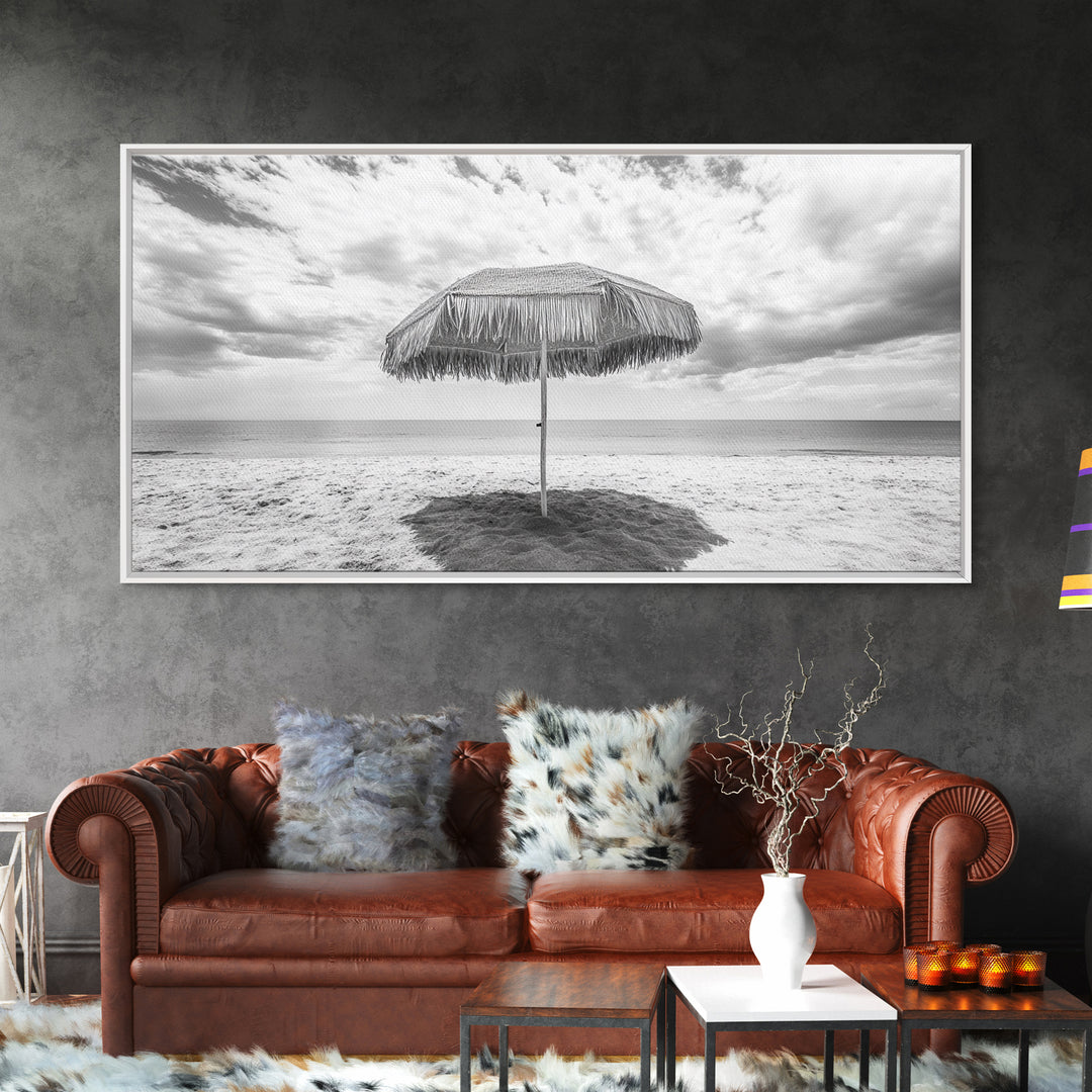 Beach Umbrella, Coastal Wall Art, Minimalist Art, Panoramic Art, Nautical Decor, Extra Wide Art, Coastal Landscape Art, Canvas Print