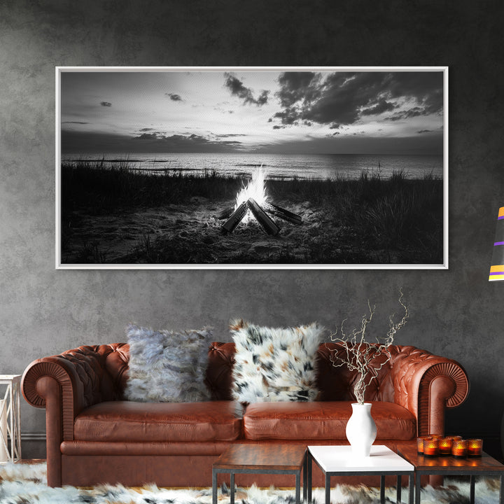 Beach Bonfire, coastal decor, nautical wall art, seascape painting, moody art, rustic wall art, dark romance painting, Canvas Print