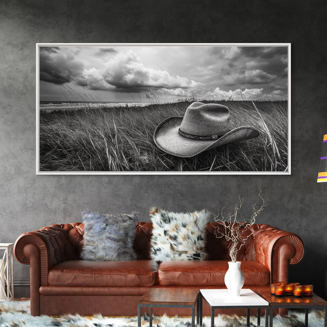 Cowboy Hat, rustic decor, wabi sabi art, western painting, southwest wall art, boho art, moody photography, Framed Canvas Print