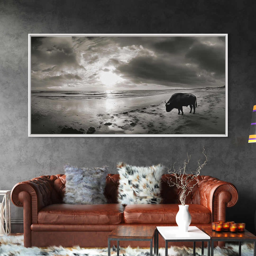 Buffalo, seascape painting, coastal landscape art, rustic decor, farmhouse art, panoramic painting, extra wide art, framed canvas print