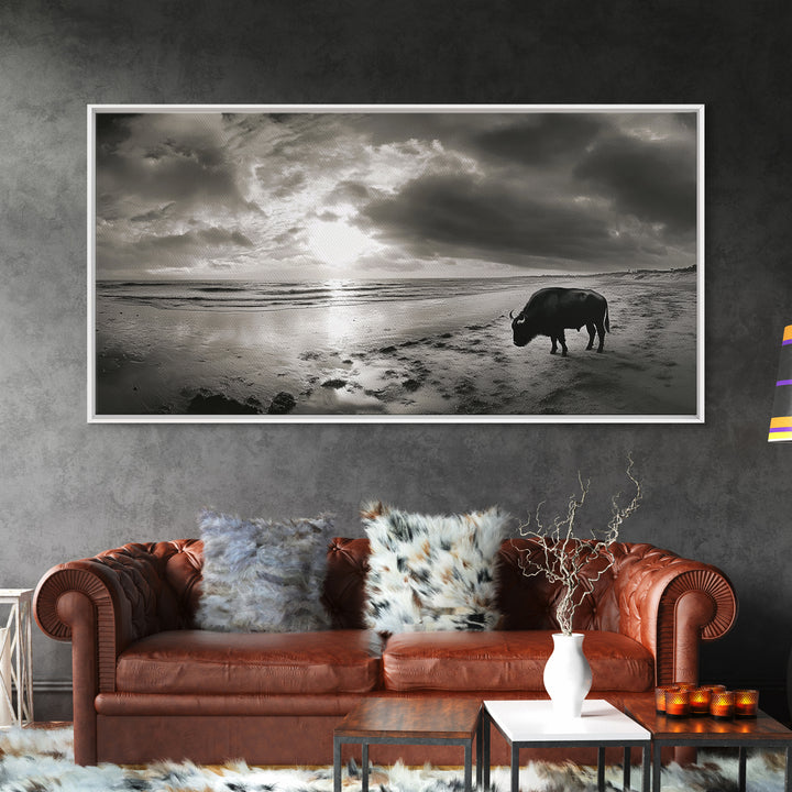 Buffalo, seascape painting, coastal landscape art, rustic decor, farmhouse art, panoramic painting, extra wide art, framed canvas print