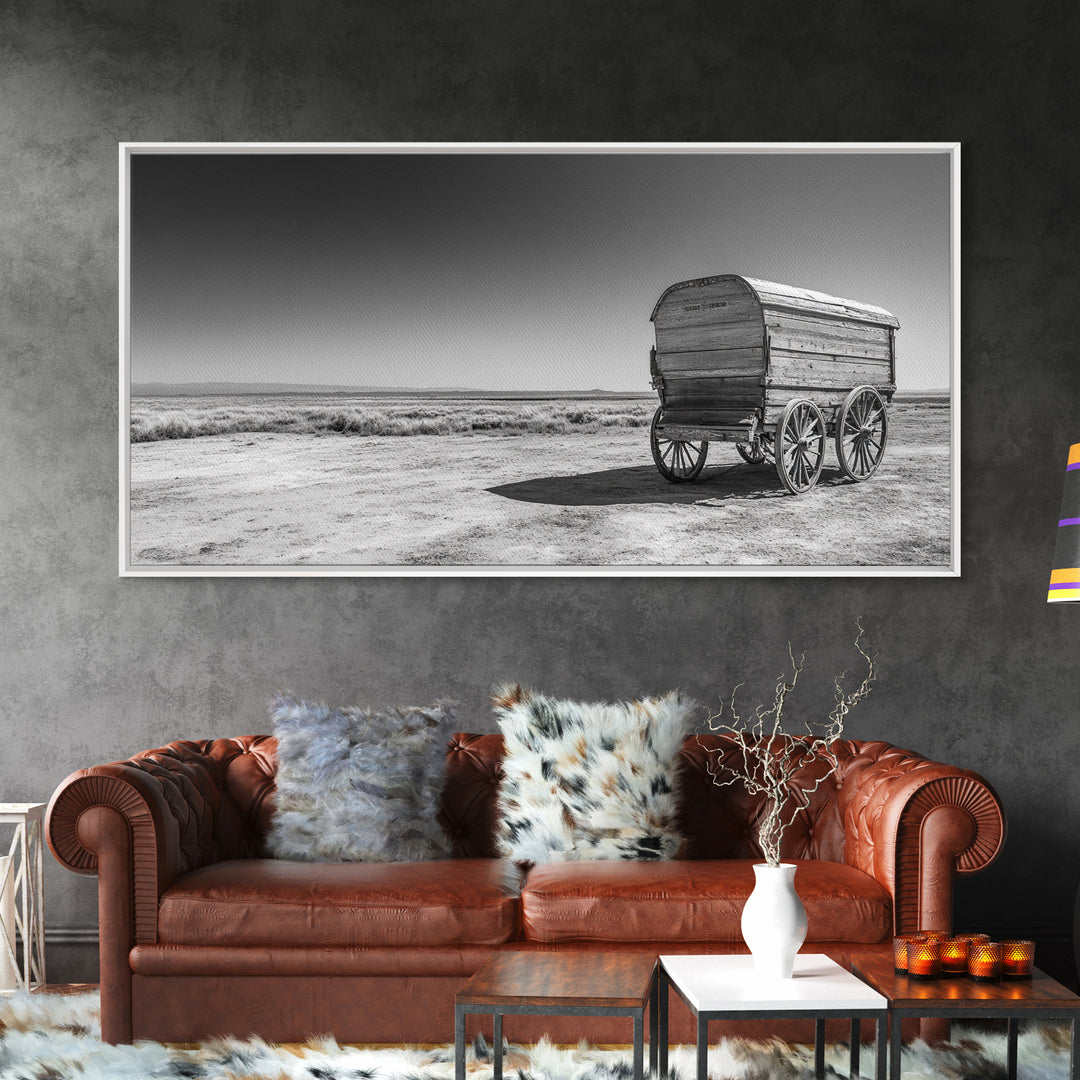 Covered wagon, rustic art, farmhouse art, western decor, landscape painting, extra wide art, panoramic art, framed canvas print