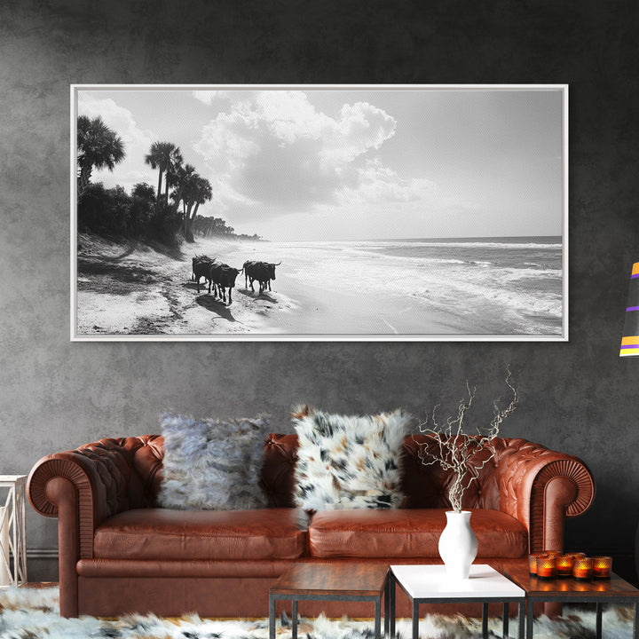 Cattle on beach, coastal cowgirl wall art, rustic decor, farmhouse art, landscape painting, panoramic painting, extra wide art, framed canvas print