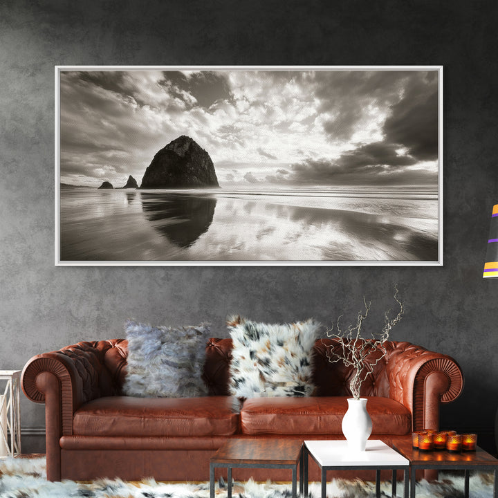 Coastal, seascape, moody art, ocean view, nautical wall art, panoramic painting, extra wide art, above bed wall art, framed canvas print