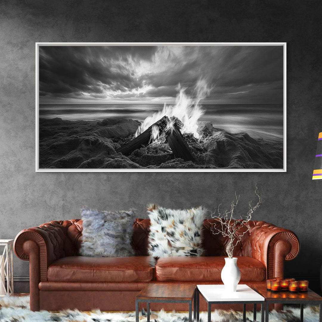 Beach bonfire, moody art, seascape painting, coastal decor, extra wide art, panoramic painting, above bed wall art, framed canvas print