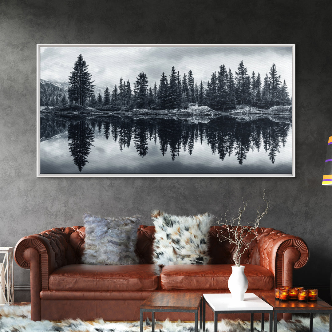 Pine tree reflection, moody art, mountain painting, pine tree art, rustic decor, panoramic art, extra wide art, framed canvas print