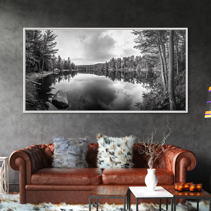 Lake reflection, pine tree art, landscape painting, wabi sabi art, rustic decor, panoramic painting, extra wide art, framed canvas print