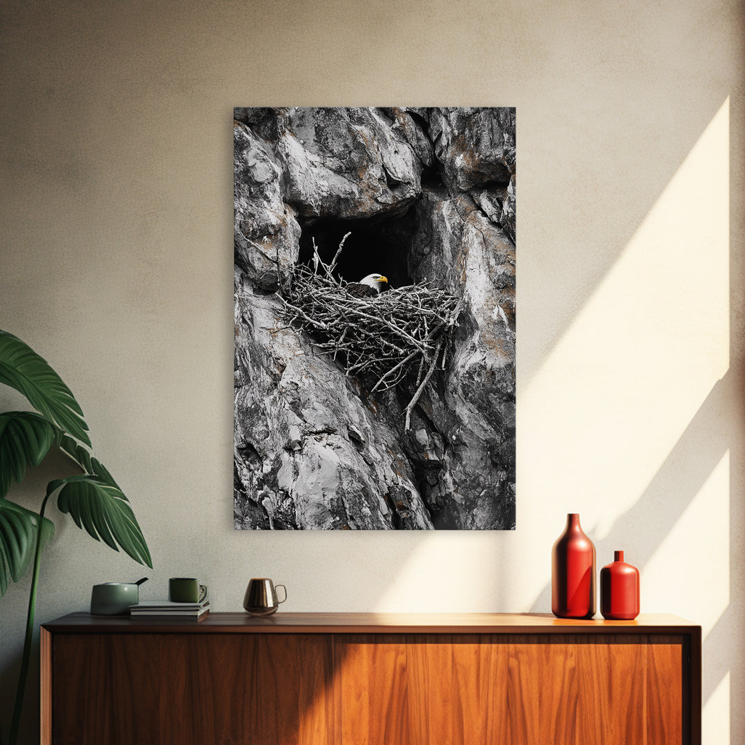 Bald eagle, wildlife art, bird wall art, framed canvas print, nature decor, mountain painting, eagle nest, rustic wall art, cabin decor