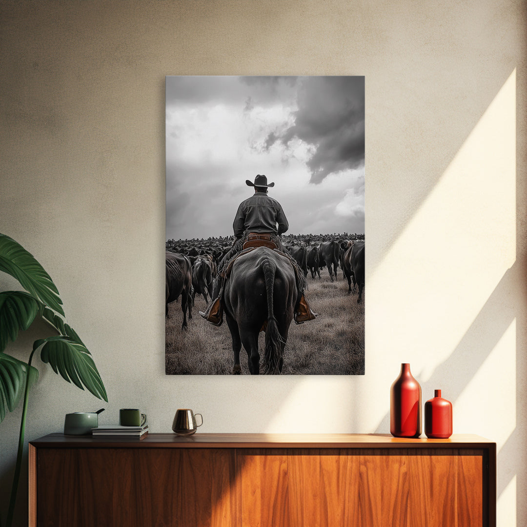 Cowboy, western art, cattle drive, ranch wall decor, framed canvas print, rustic farmhouse art, moody cowboy, country life painting