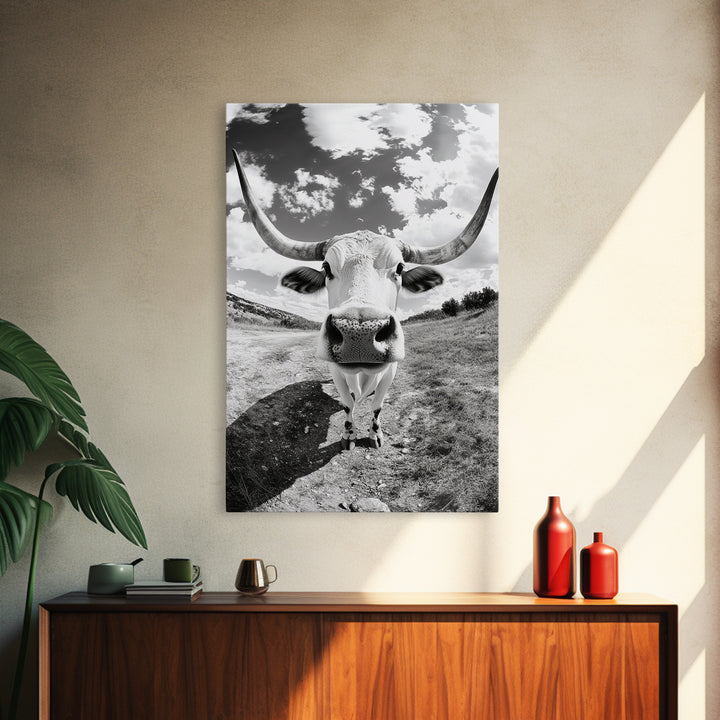 Texas Longhorn Close-up, bull and bear art, western decor, farmhouse art, rustic wall art, cowboy painting, framed canvas print