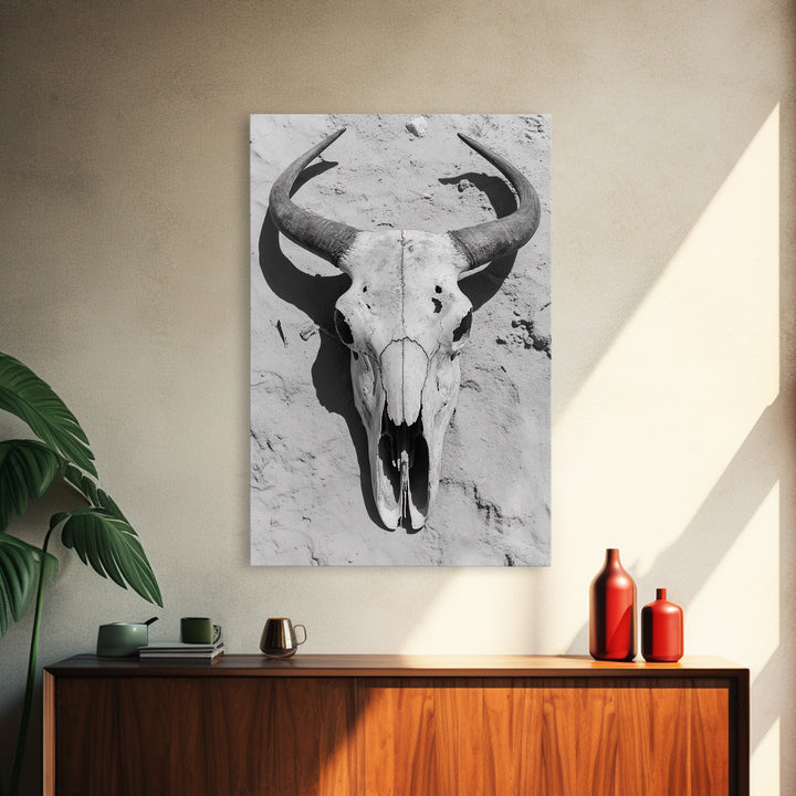 Bull skull, desert aesthetic, cowboy art, rustic decor, black and white photography, boho art, framed canvas print, western wall art