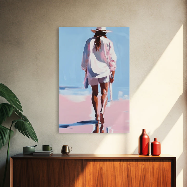 Beach Walk, coastal cowgirl wall art, boho art, pink orange wall art, light pink wall art, coastal decor, framed canvas print