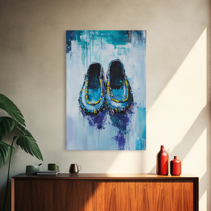 Blue Moccasins, boho art, whimsical art, teal wall art, folk art, rustic art, gift idea for her, original painting, canvas print
