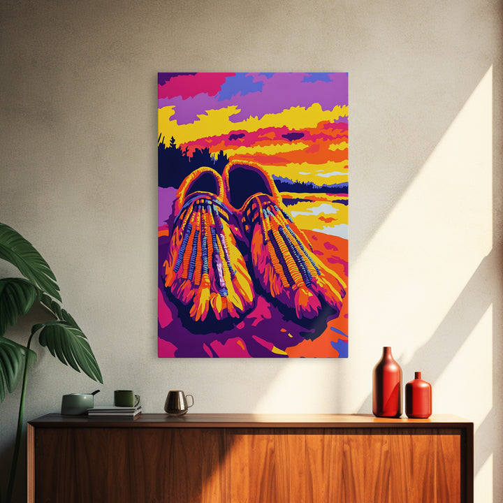 Beaded Moccasins Art, Southwest Wall Art, Pink Orange Wall Art, Boho Western Art, Framed Canvas Print, Rustic Home Decor
