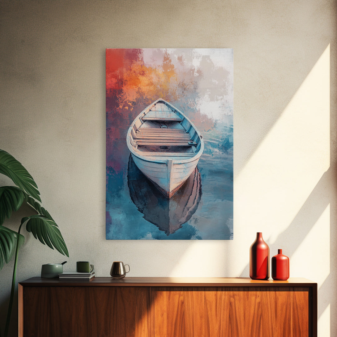 Rowboat Painting, Nautical Wall Art, Coastal Landscape Art, Rustic Water Scene, Framed Canvas Print, Lakehouse Decor, Gift Idea
