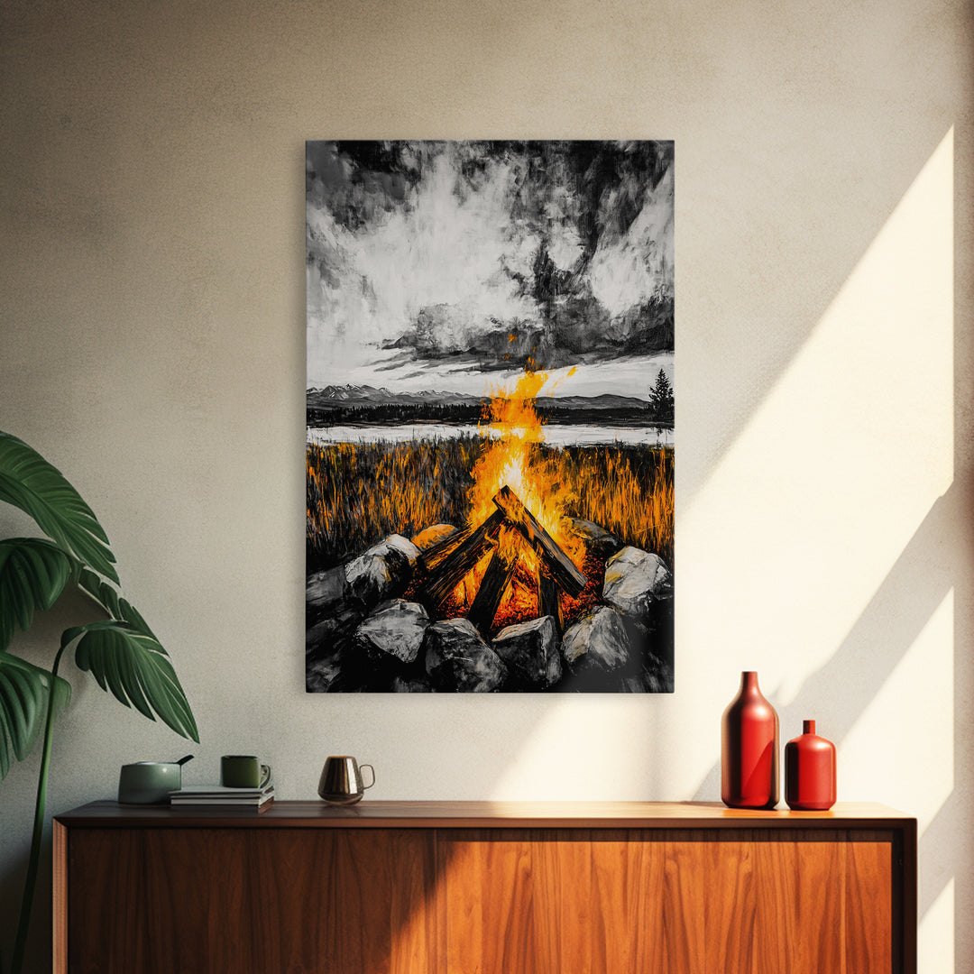 Campfire Painting, Moody Art, Rustic Wall Decor, Fire Pit Artwork, Black White Orange Art, Framed Canvas Print, Cabin Wall Art