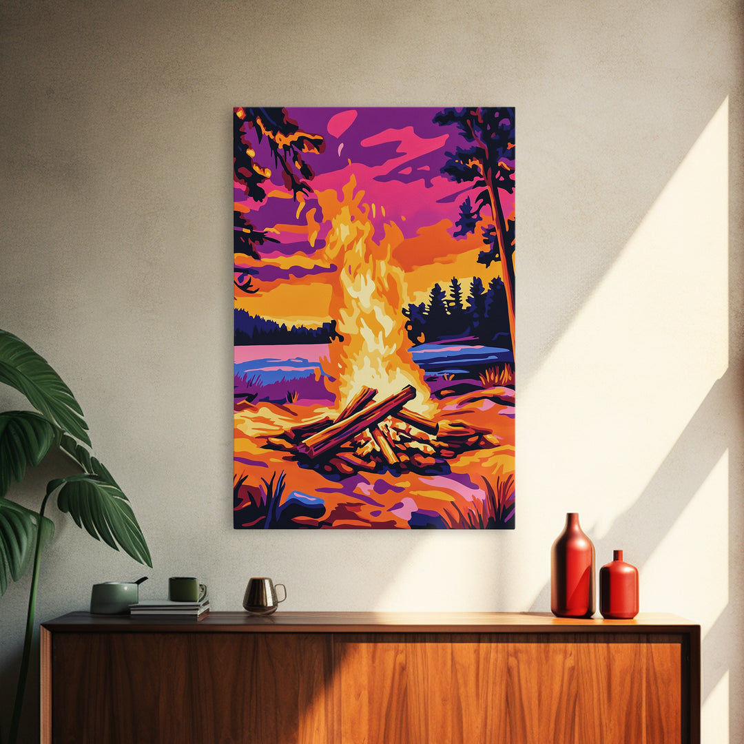 Campfire Scene, Autumn Wall Art, Rustic Decor, Canvas Print, Landscape Painting, Cozy Art, Outdoor Adventure, Gift Idea, Boho Art