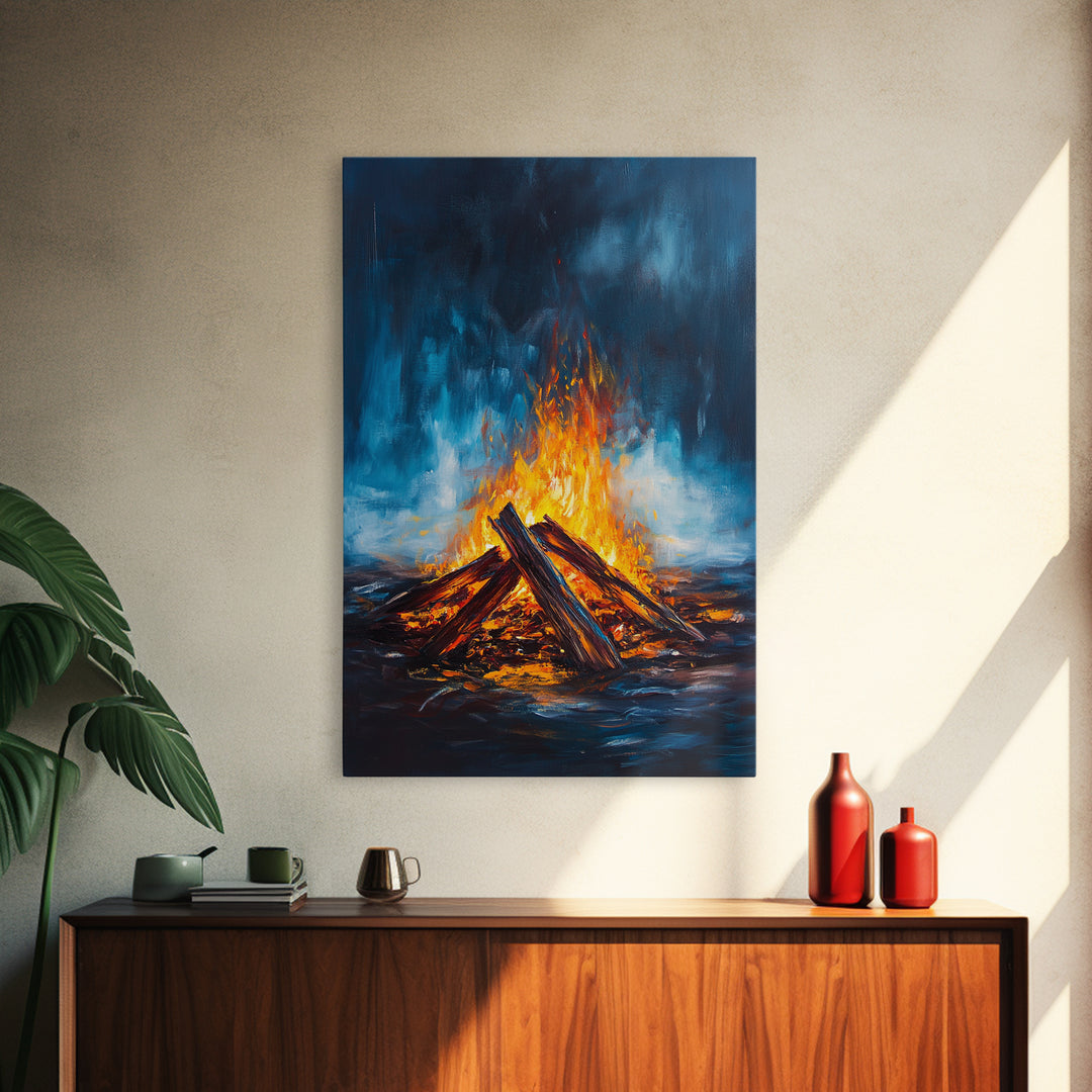 Bonfire Night, Moody Art, Rustic Decor, Canvas Print, Fire Art, Dark Romance Painting, Fall Wall Art, Cozy Living Room Art, Gift Idea