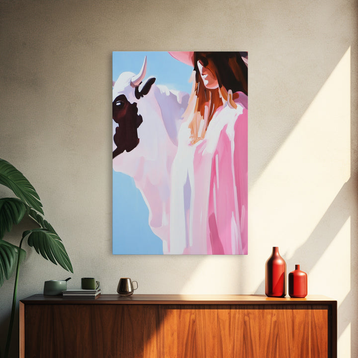 Cowgirl and Cow, black cowgirl painting, coastal cowgirl wall art, western decor, gift idea for her, boho art, light pink wall art, Canvas Print