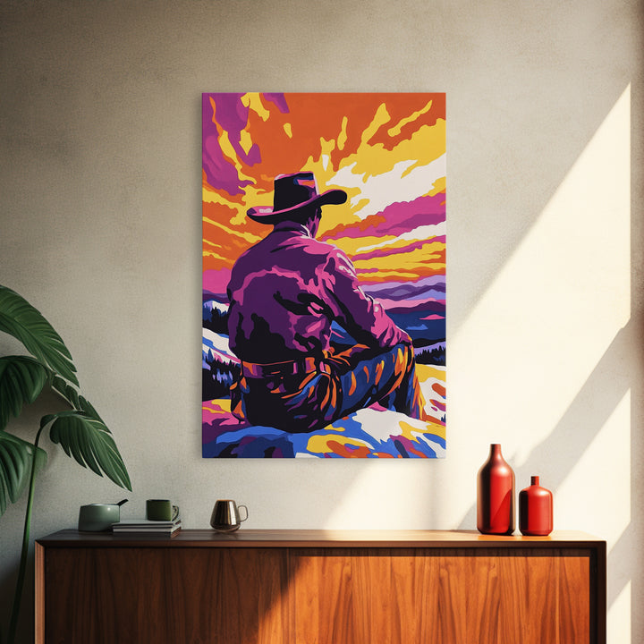 Cowboy at Sunset, western decor, southwest wall art, pink orange wall art, gift idea for him, moody art, panoramic art, Canvas Print