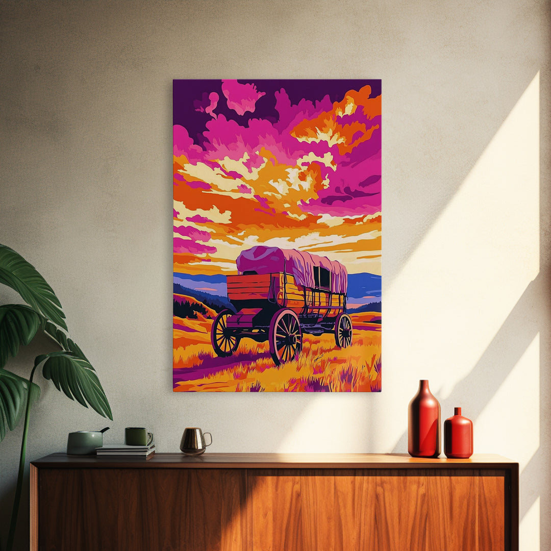 Covered Wagon, Sunset Painting, Western Landscape, Rustic Art, Canvas Print, Southwest Wall Art, Farmhouse Art, Living Room Art