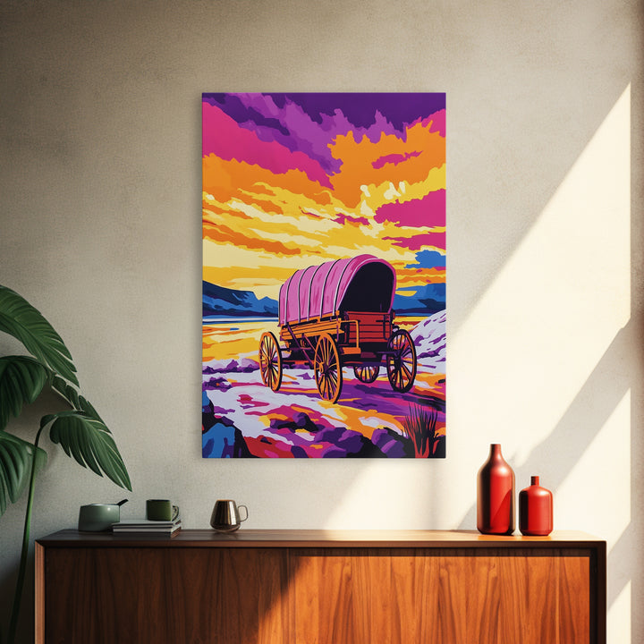 Colorful Wagon, pink orange wall art, landscape painting, southwest wall art, farmhouse art, boho art, framed canvas print, above bed art