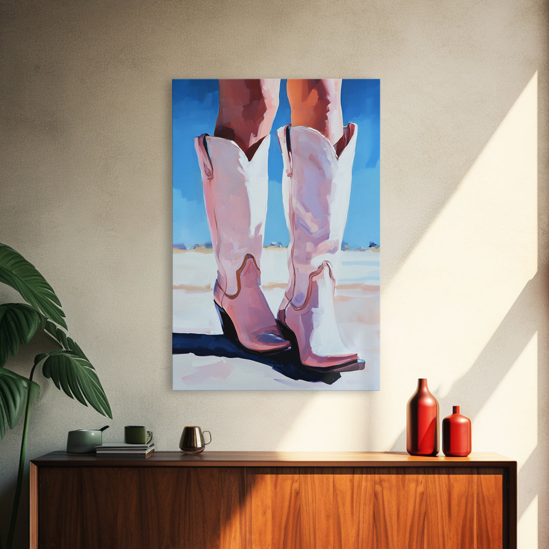 Cowgirl Boots, coastal cowgirl wall art, pink abstract art, rustic art, fashion painting, boho art, framed canvas print, gift idea