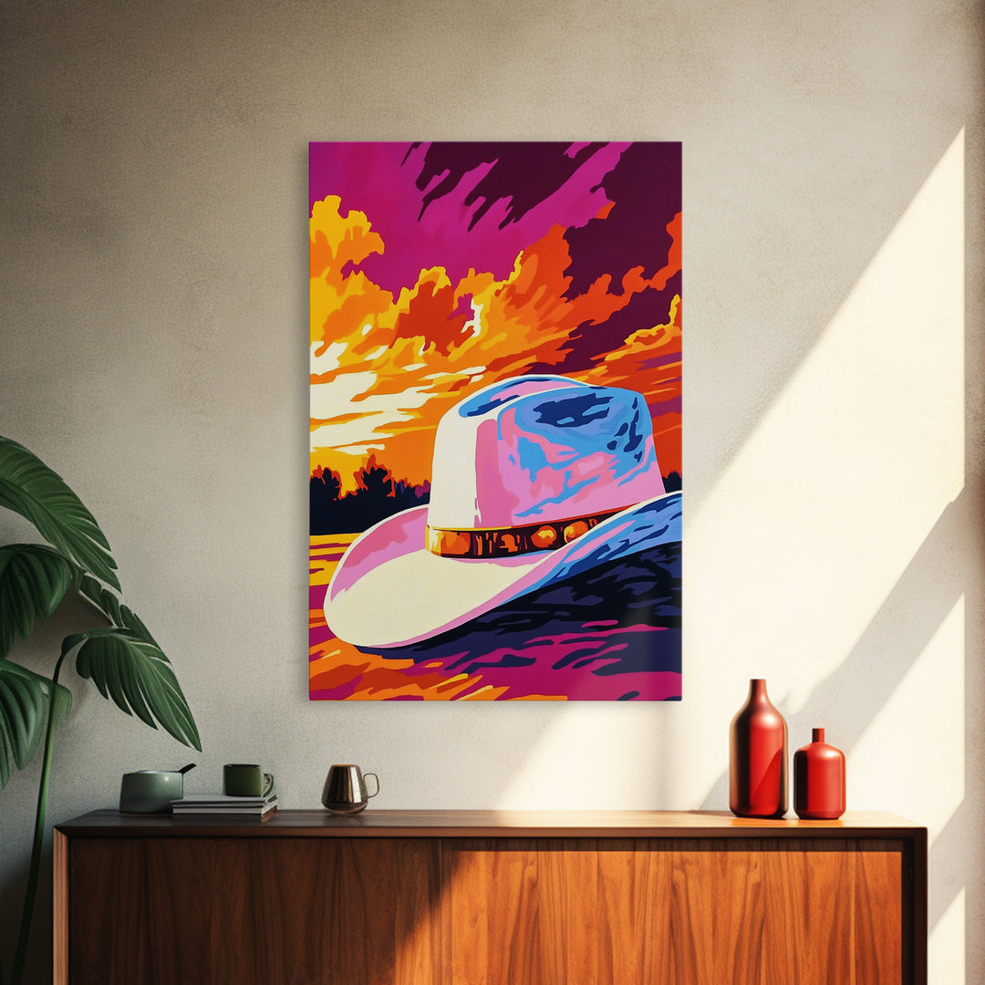 Cowboy Hat, Sunset Art, Rustic Wall Art, Pink Orange Wall Art, Canvas Print, Western Decor, Farmhouse Art, Above Couch Art