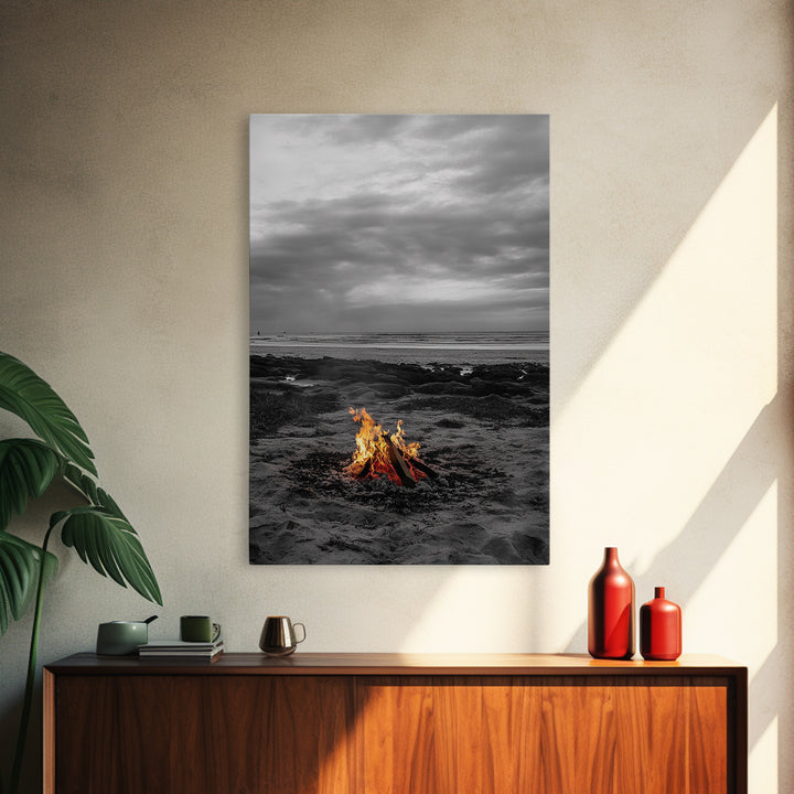 Beach bonfire, coastal art, ocean sunset, framed canvas print, nautical decor, seascape painting, cozy fire, moody beach art, fall vibes