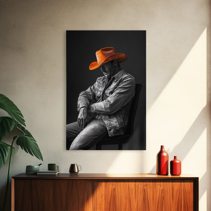Cowboy portrait, rustic art, western style, framed canvas print, country decor, cowboy hat, moody photography, black and white wall art