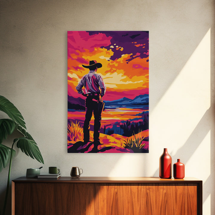Cowboy at Sunset, pink orange wall art, Joshua tree art, southwest wall art, framed canvas print, landscape painting, moody art