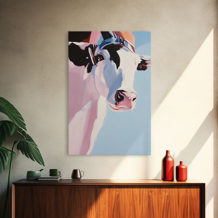 Cow with Hat, farmhouse art, black cowgirl painting, rustic decor, framed canvas print, whimsical art, light pink wall art