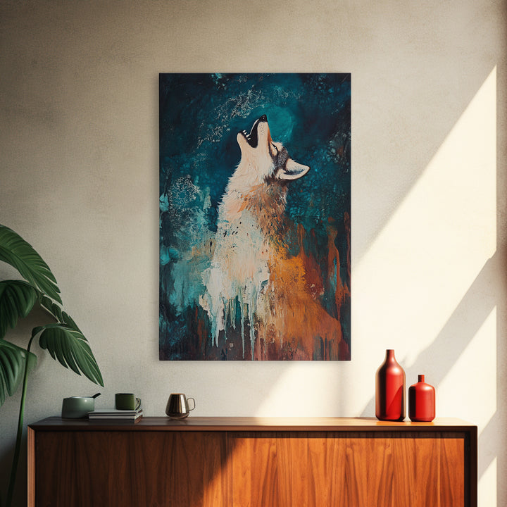 Abstract Wolf, howling at moon, moody blue tones, modern rustic art, wildlife painting, framed canvas print, dark romance painting