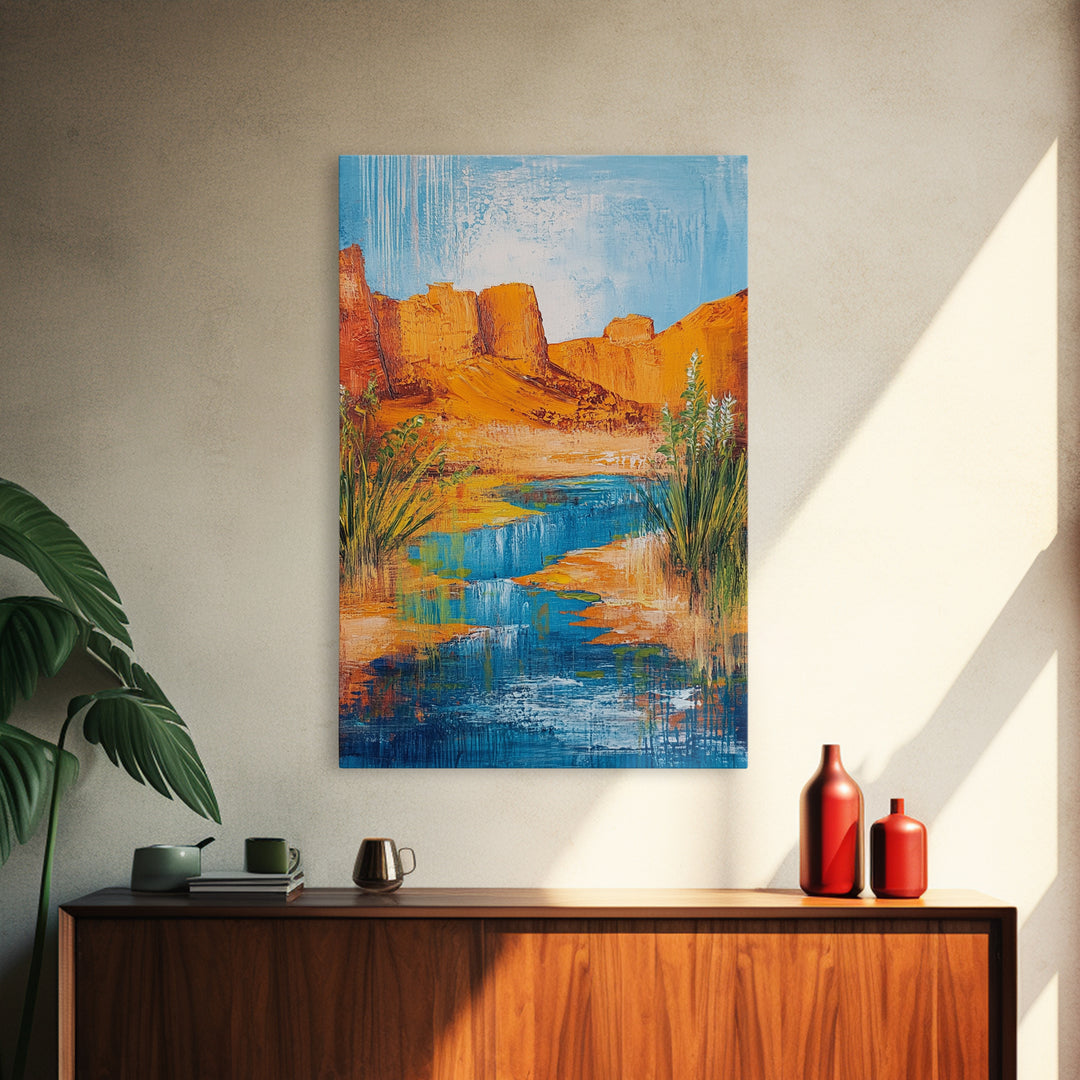 Desert Oasis, vivid landscape, blue water, rustic nature art, warm tones, panoramic painting, framed canvas print, southwest wall art