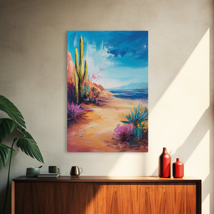 Beach Cactus, coastal landscape, vibrant colors, blue sky, desert meets sea, framed canvas print, coastal cowgirl wall art, boho art