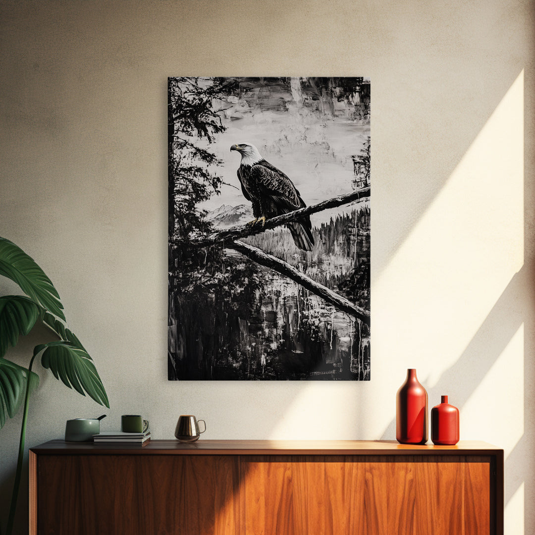Bald Eagle, majestic bird, black and white, rustic decor, wildlife painting, nature art, framed canvas print, farmhouse wall art