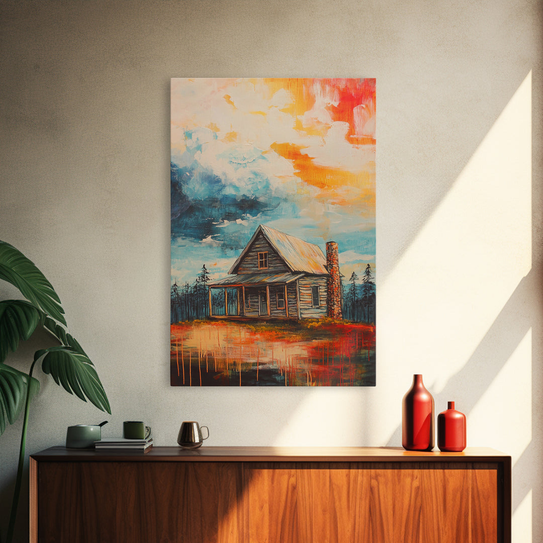 Cabin Painting, Autumn Landscape, Framed Canvas Print, rustic decor, mountain painting, landscape painting, smoky mountain art, extra wide art