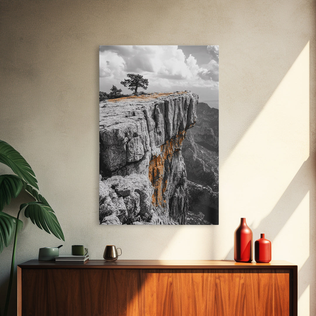 Cliffside View, Mountain Painting, Pine Tree Art, Nature Wall Art, Landscape Painting, Rustic Art, Framed Canvas Print, Moody Art